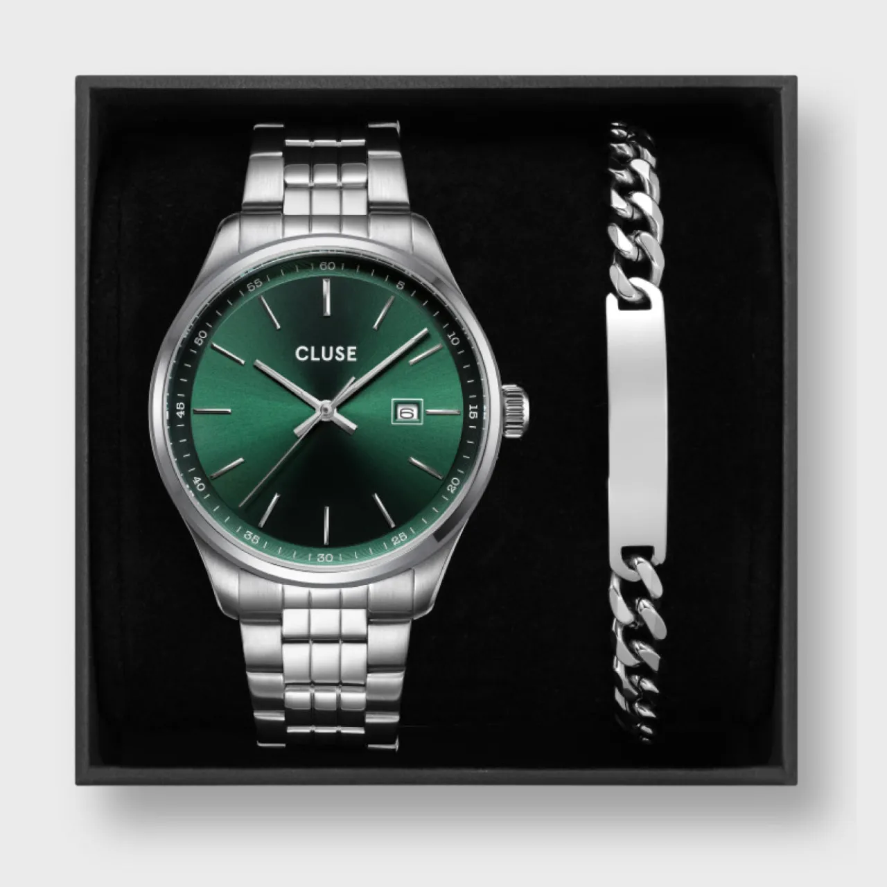 Homme CLUSE Gift Box Anthéor Steel Watch Green and Silver Chain Bracelet