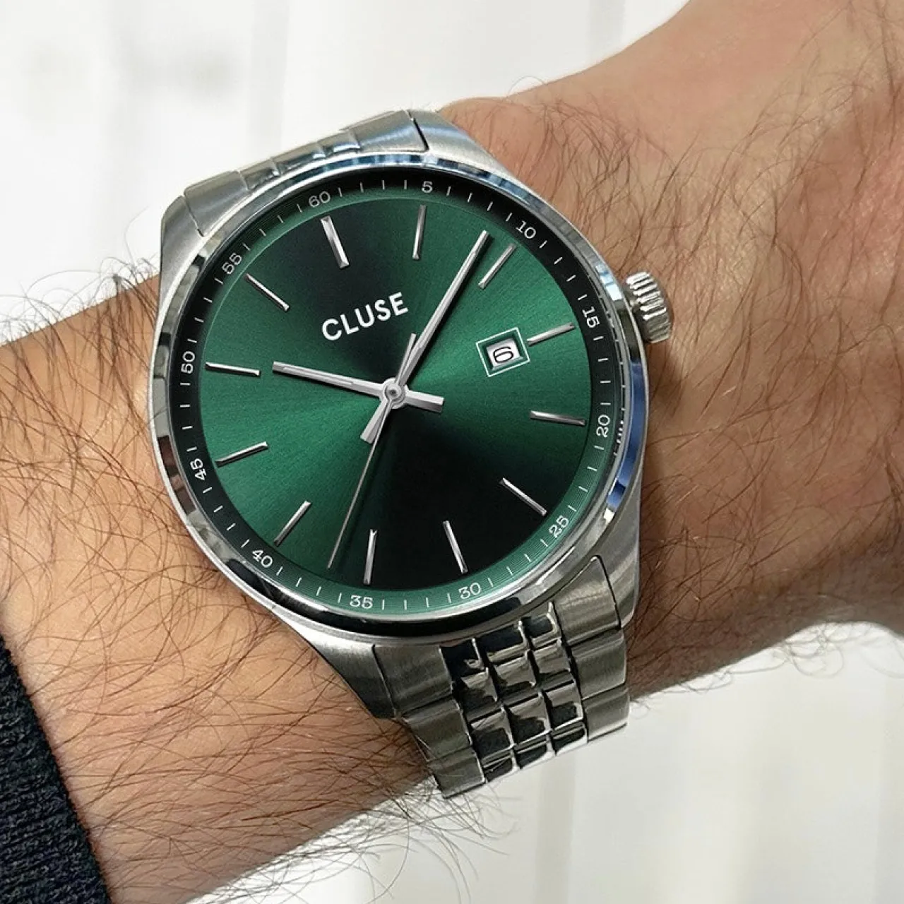 Homme CLUSE Gift Box Anthéor Steel Watch Green and Silver Chain Bracelet