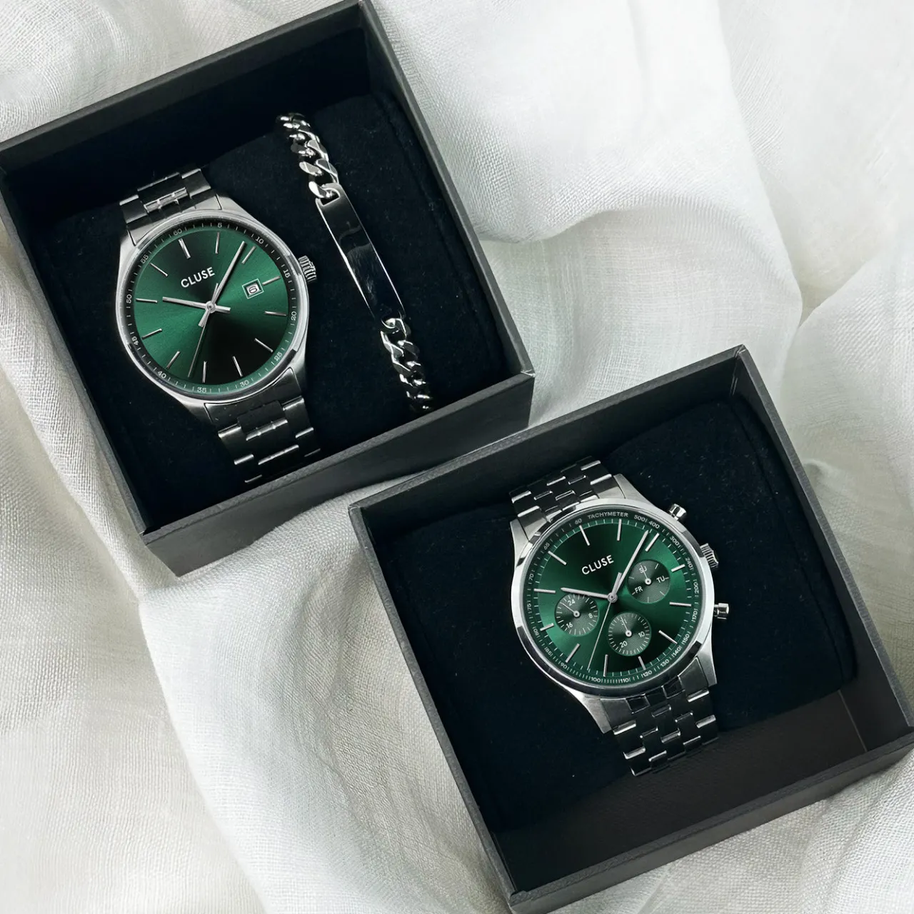 Homme CLUSE Gift Box Anthéor Steel Watch Green and Silver Chain Bracelet