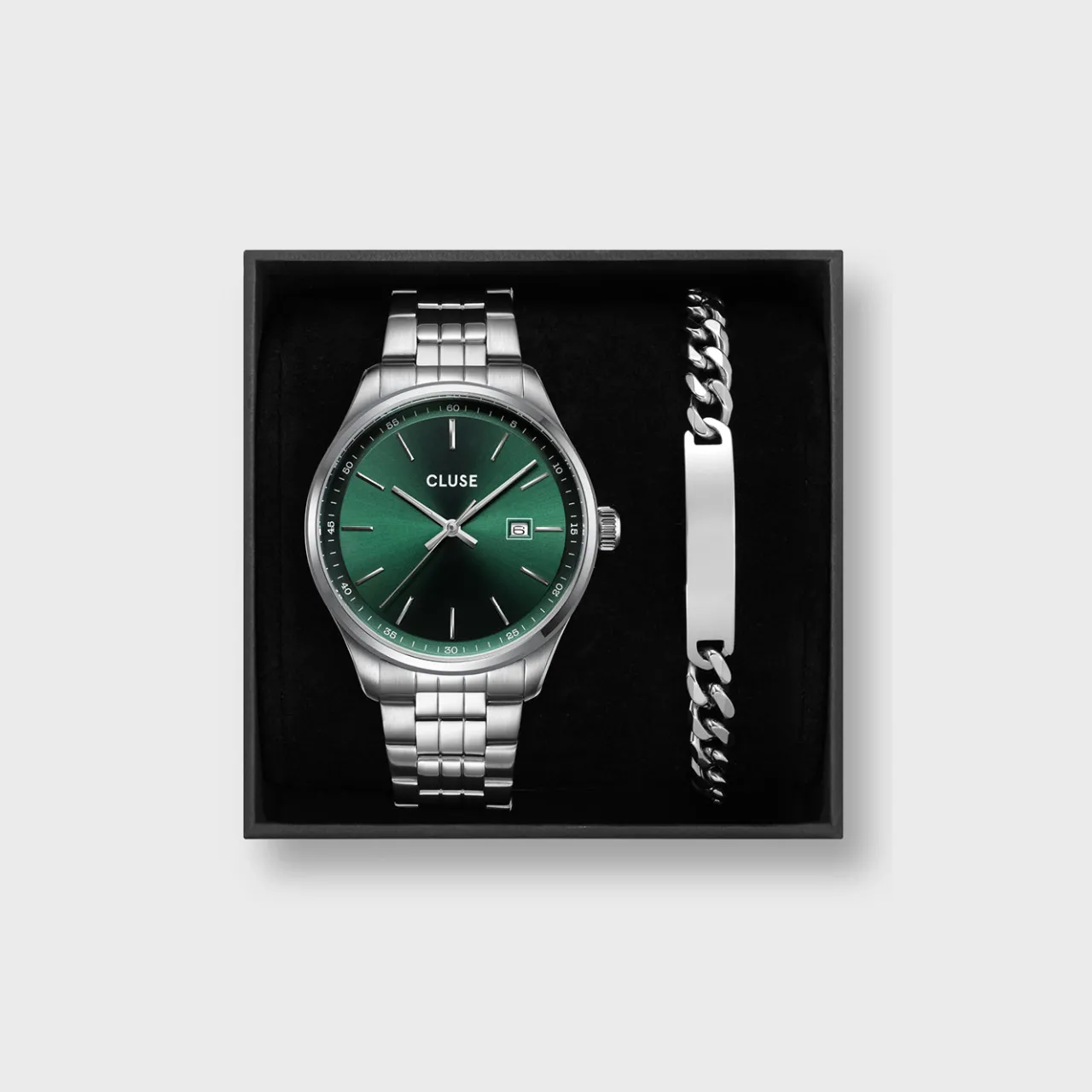 Homme CLUSE Gift Box Anthéor Steel Watch Green and Silver Chain Bracelet