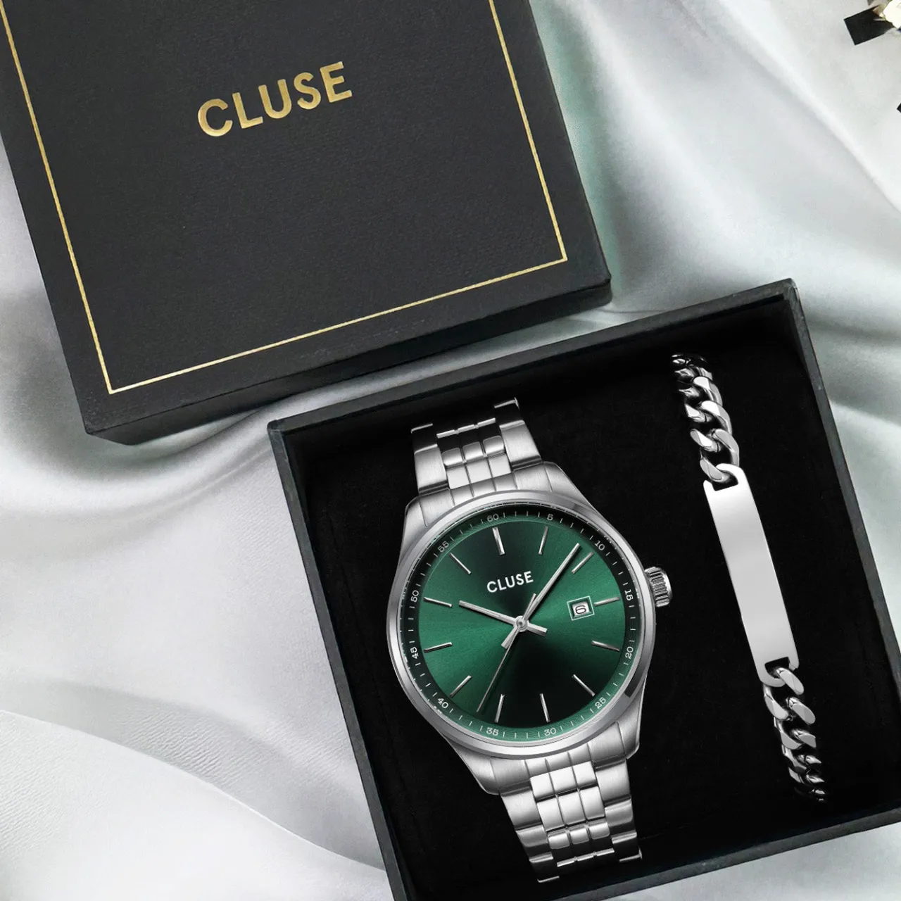 Homme CLUSE Gift Box Anthéor Steel Watch Green and Silver Chain Bracelet