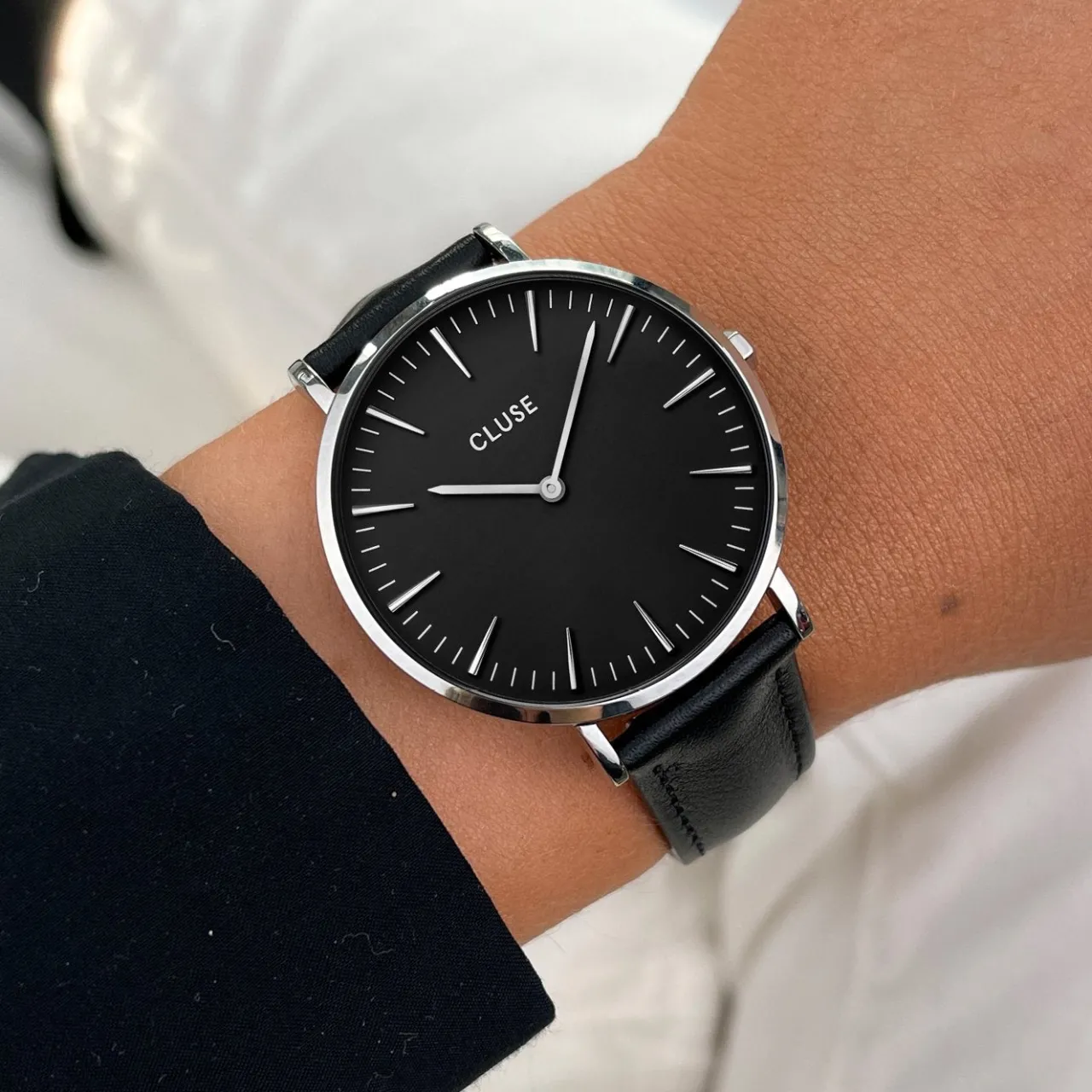 Femme CLUSE Gift Box Boho Chic Watch Mesh and Leather Strap, Silver Colour