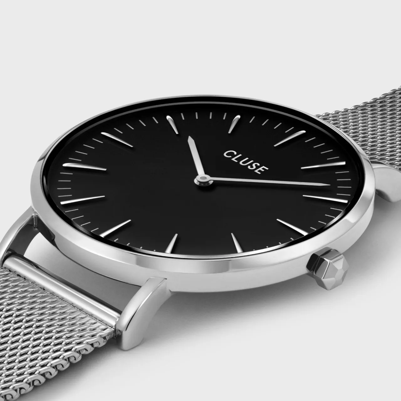 Femme CLUSE Gift Box Boho Chic Watch Mesh and Leather Strap, Silver Colour