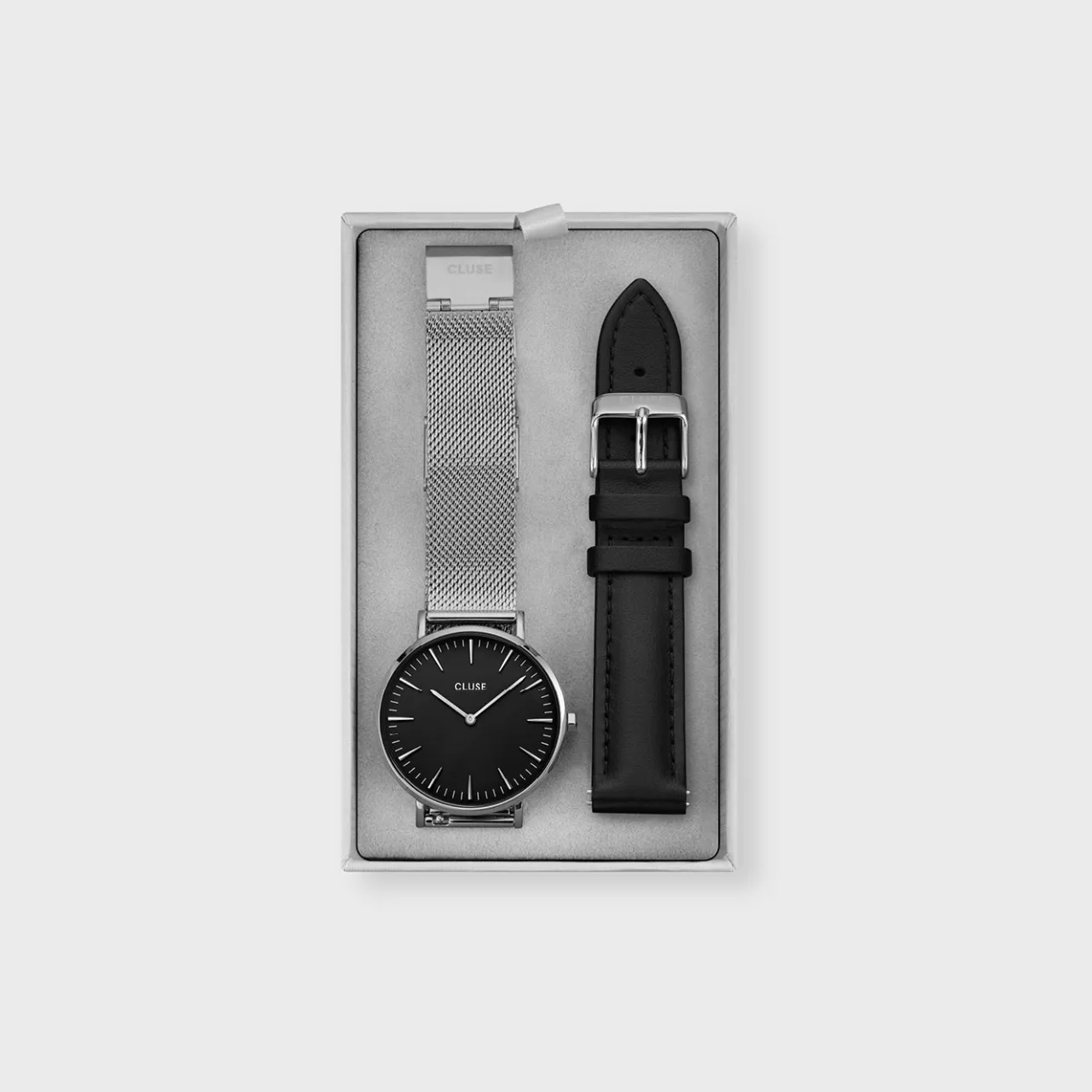 Femme CLUSE Gift Box Boho Chic Watch Mesh and Leather Strap, Silver Colour