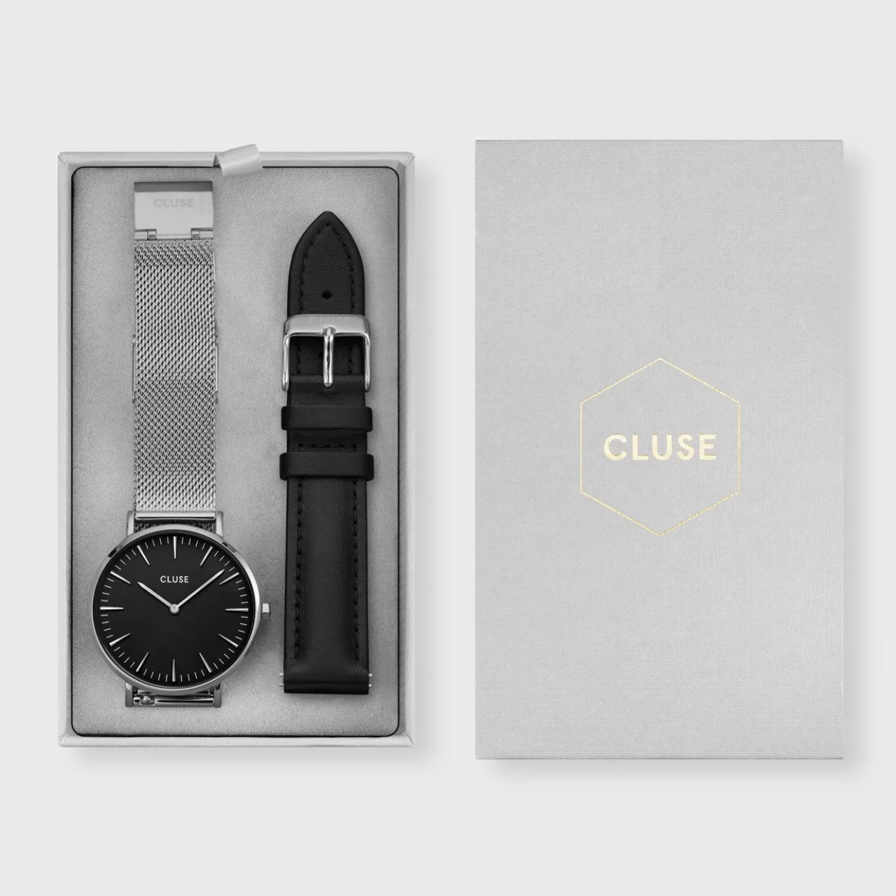 Femme CLUSE Gift Box Boho Chic Watch Mesh and Leather Strap, Silver Colour