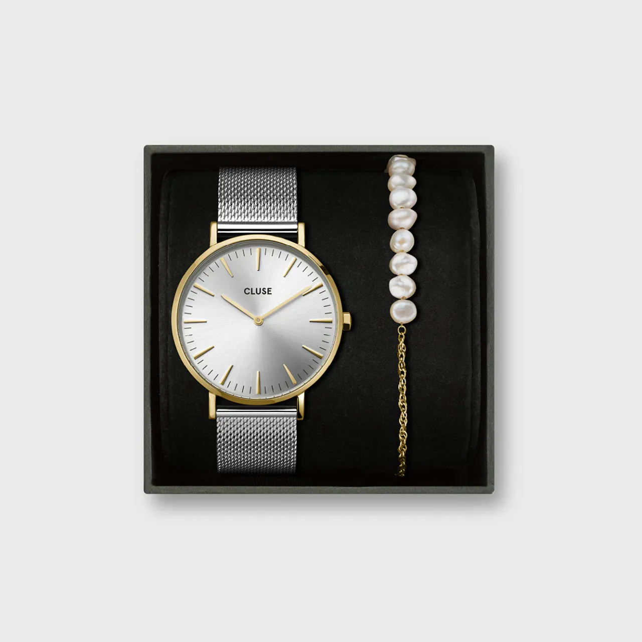 Femme CLUSE Gift Box Boho Chic Watch Mesh Bicolour and Mixed Chain Pearl Bracelet Gold Colour