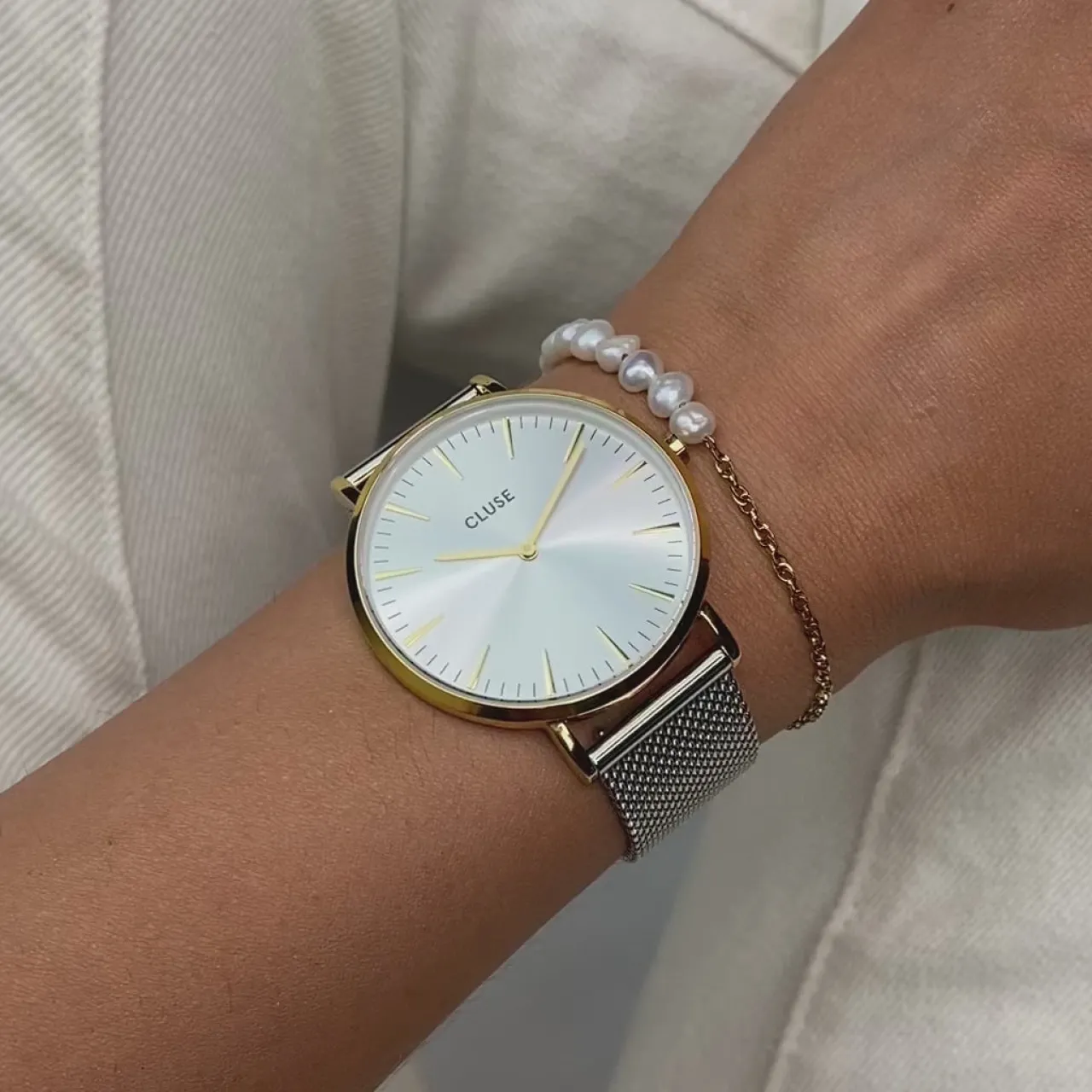 Femme CLUSE Gift Box Boho Chic Watch Mesh Bicolour and Mixed Chain Pearl Bracelet Gold Colour