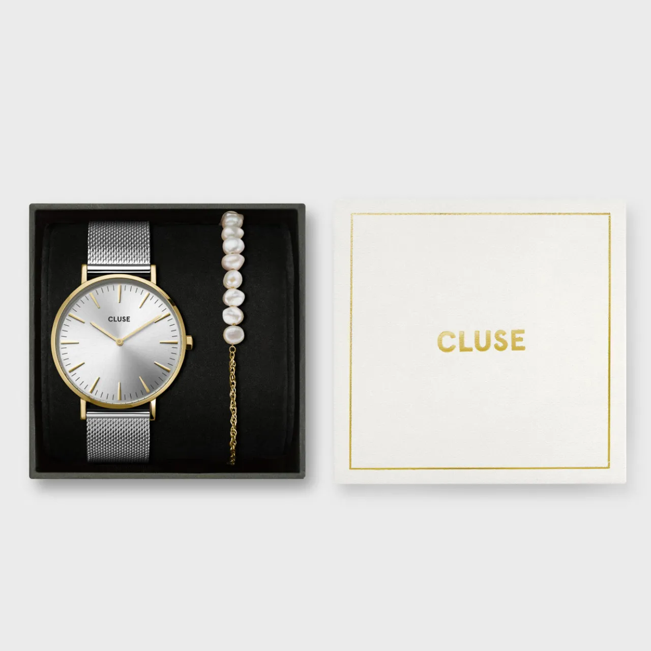 Femme CLUSE Gift Box Boho Chic Watch Mesh Bicolour and Mixed Chain Pearl Bracelet Gold Colour