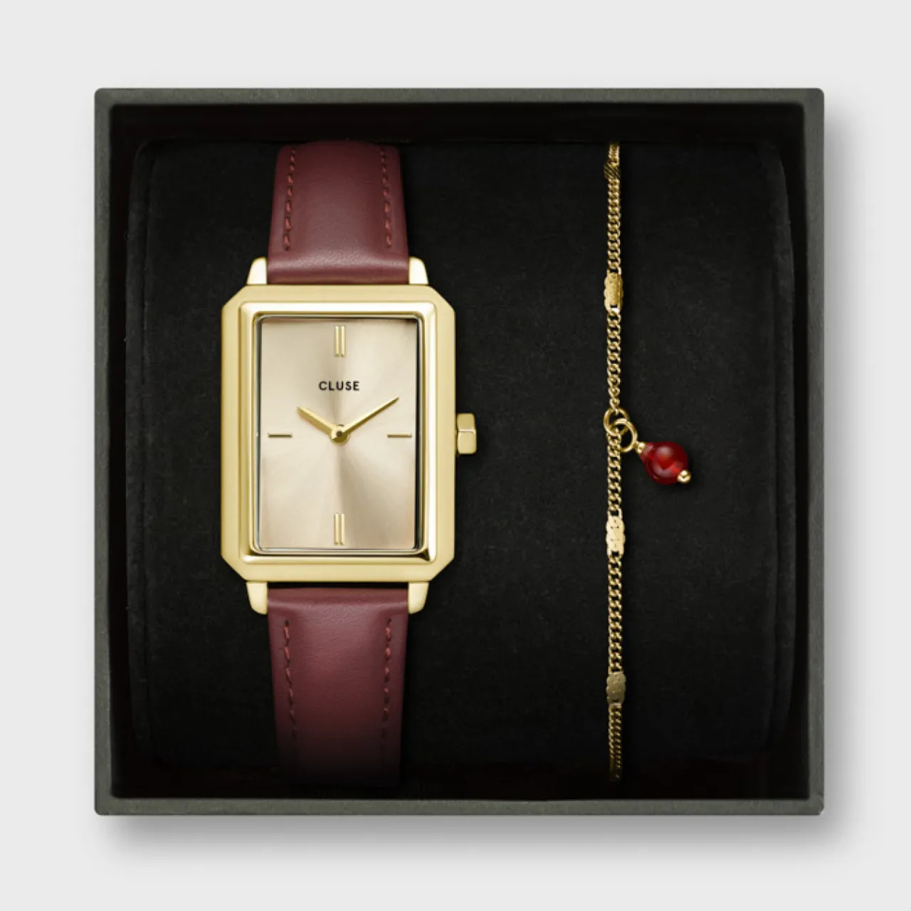 Femme CLUSE Gift Box Fluette Leather Watch and Chain Bracelet, Gold Colour