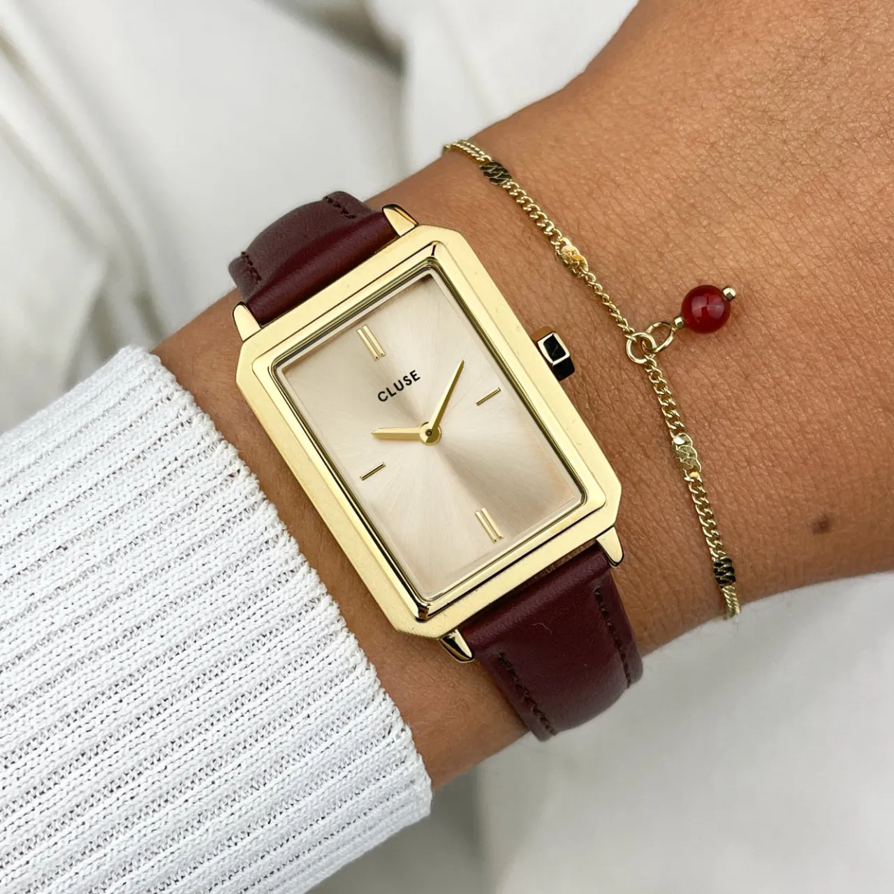 Femme CLUSE Gift Box Fluette Leather Watch and Chain Bracelet, Gold Colour