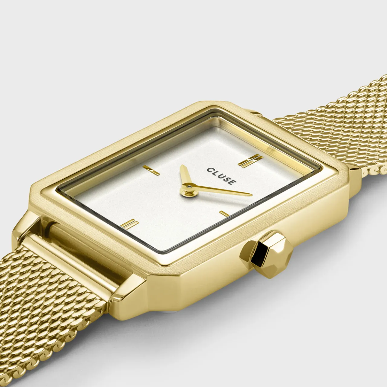 Femme CLUSE Gift Box Fluette Mesh White Watch and Double Chain Bracelet, Gold Colour