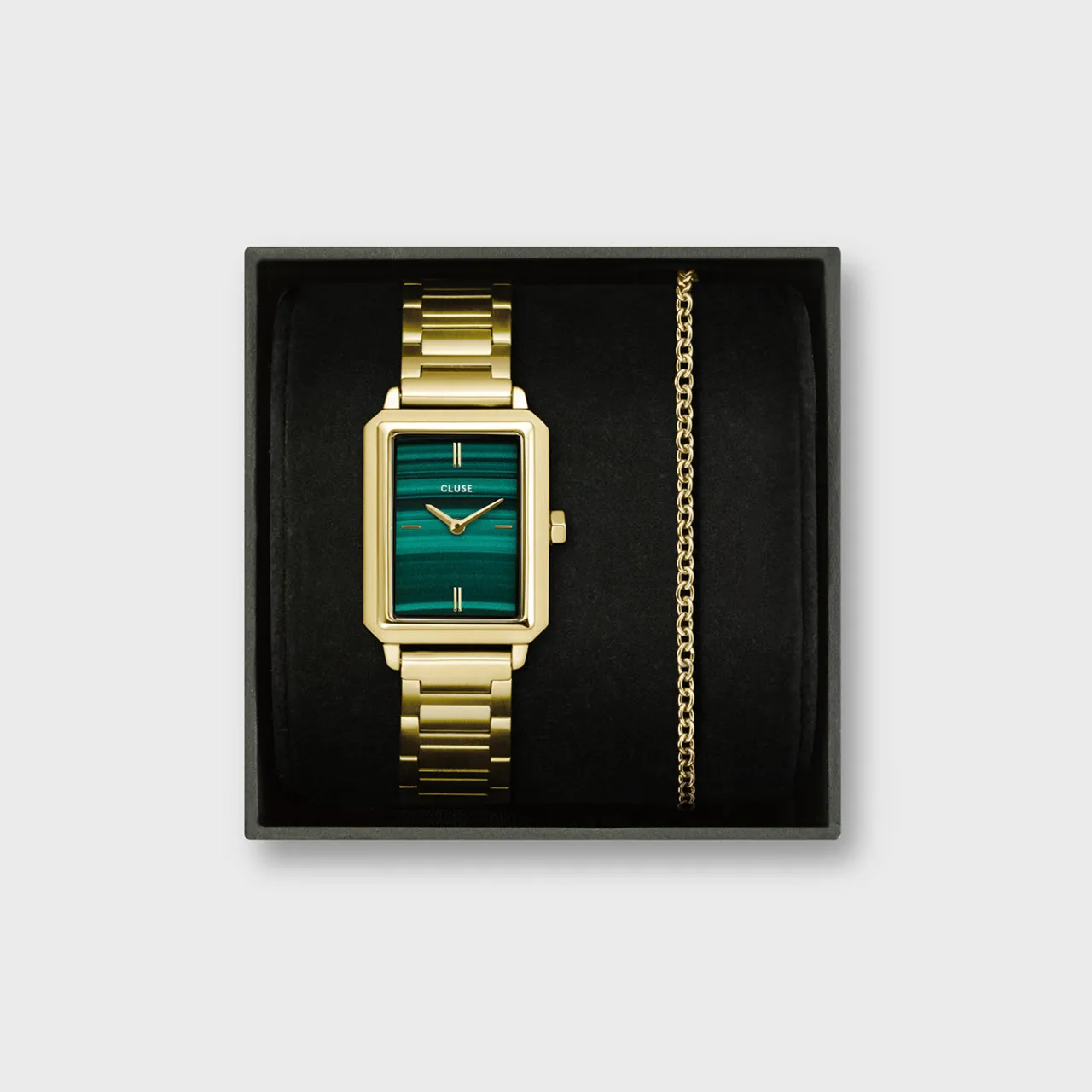 Femme CLUSE Gift Box Fluette Steel Green Watch and Round Chain Bracelet, Gold Colour