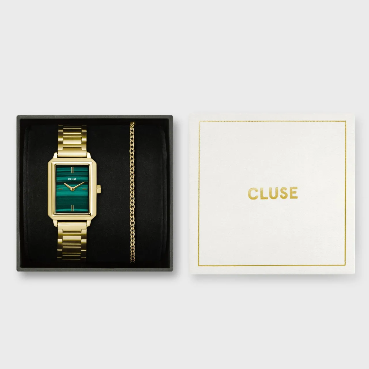 Femme CLUSE Gift Box Fluette Steel Green Watch and Round Chain Bracelet, Gold Colour