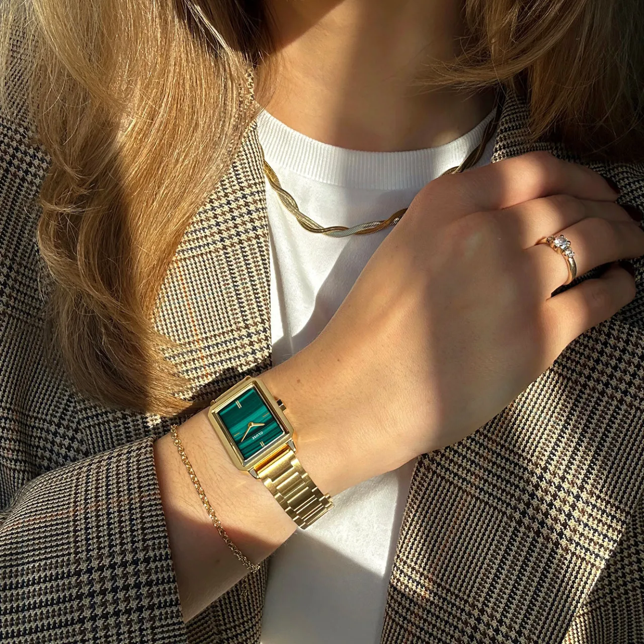 Femme CLUSE Gift Box Fluette Steel Green Watch and Round Chain Bracelet, Gold Colour