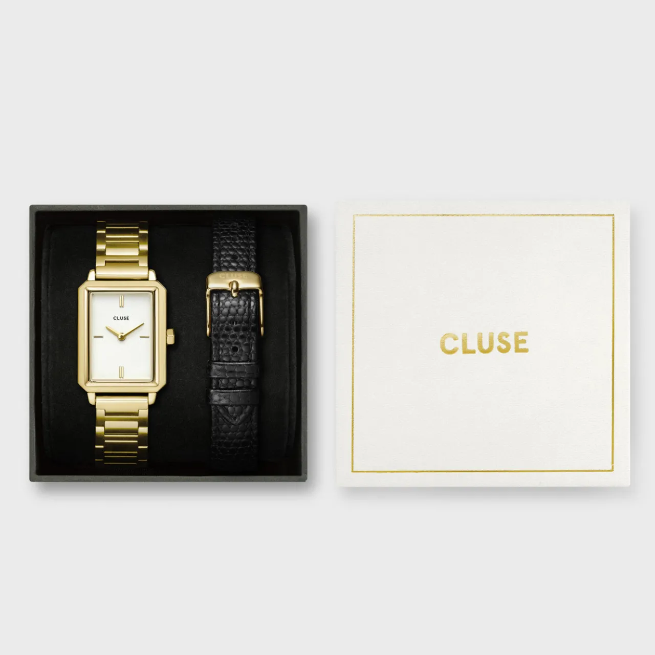 Femme CLUSE Gift Box Fluette Steel Watch and Black Leather Lizard Strap, Gold Colour
