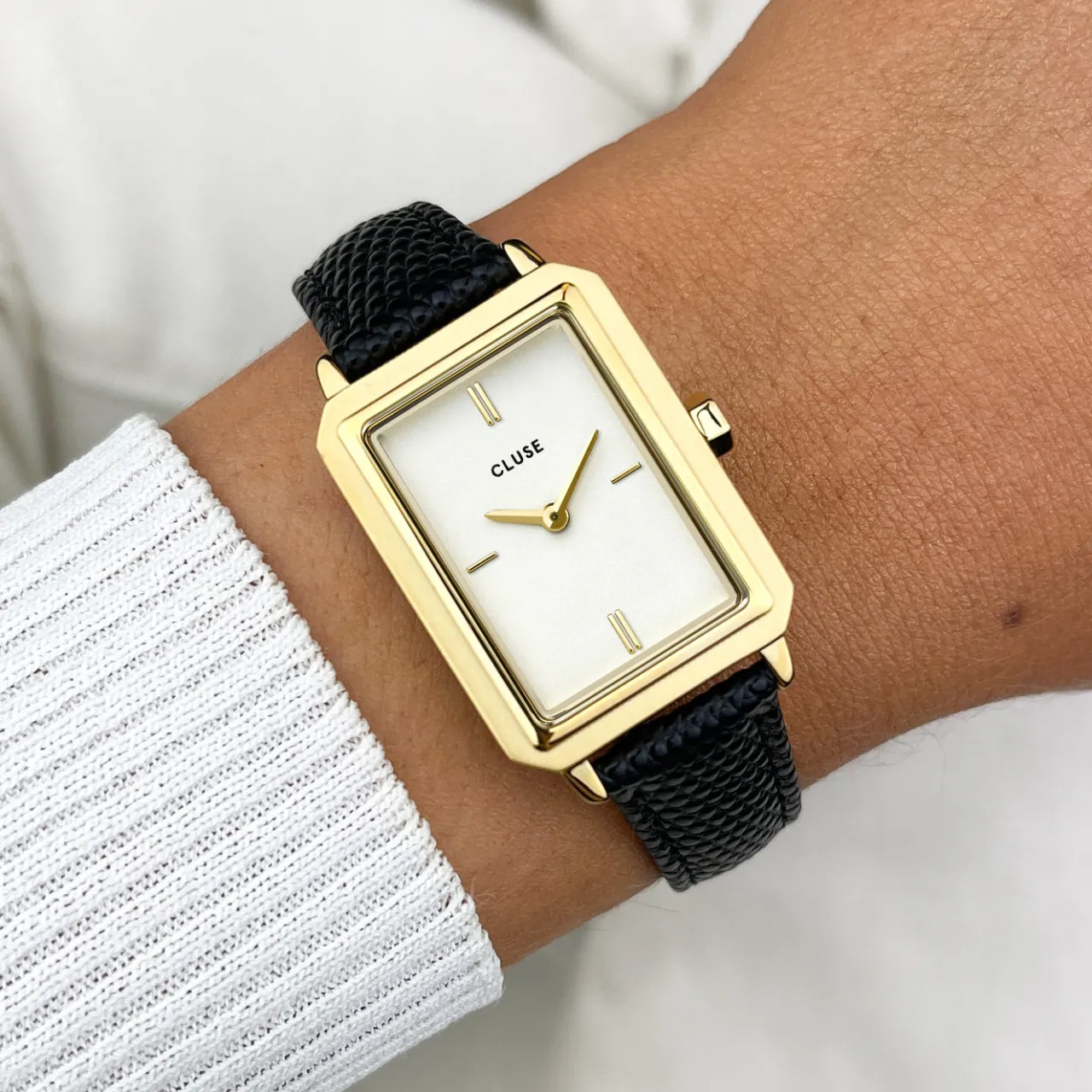 Femme CLUSE Gift Box Fluette Steel Watch and Black Leather Lizard Strap, Gold Colour