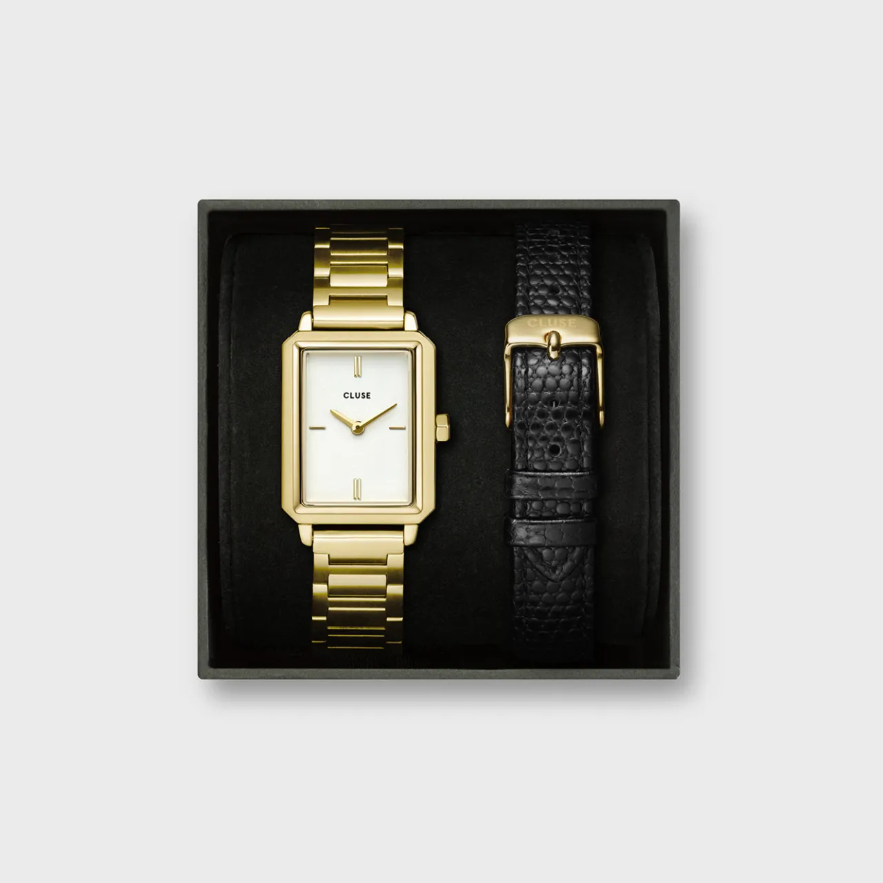 Femme CLUSE Gift Box Fluette Steel Watch and Black Leather Lizard Strap, Gold Colour