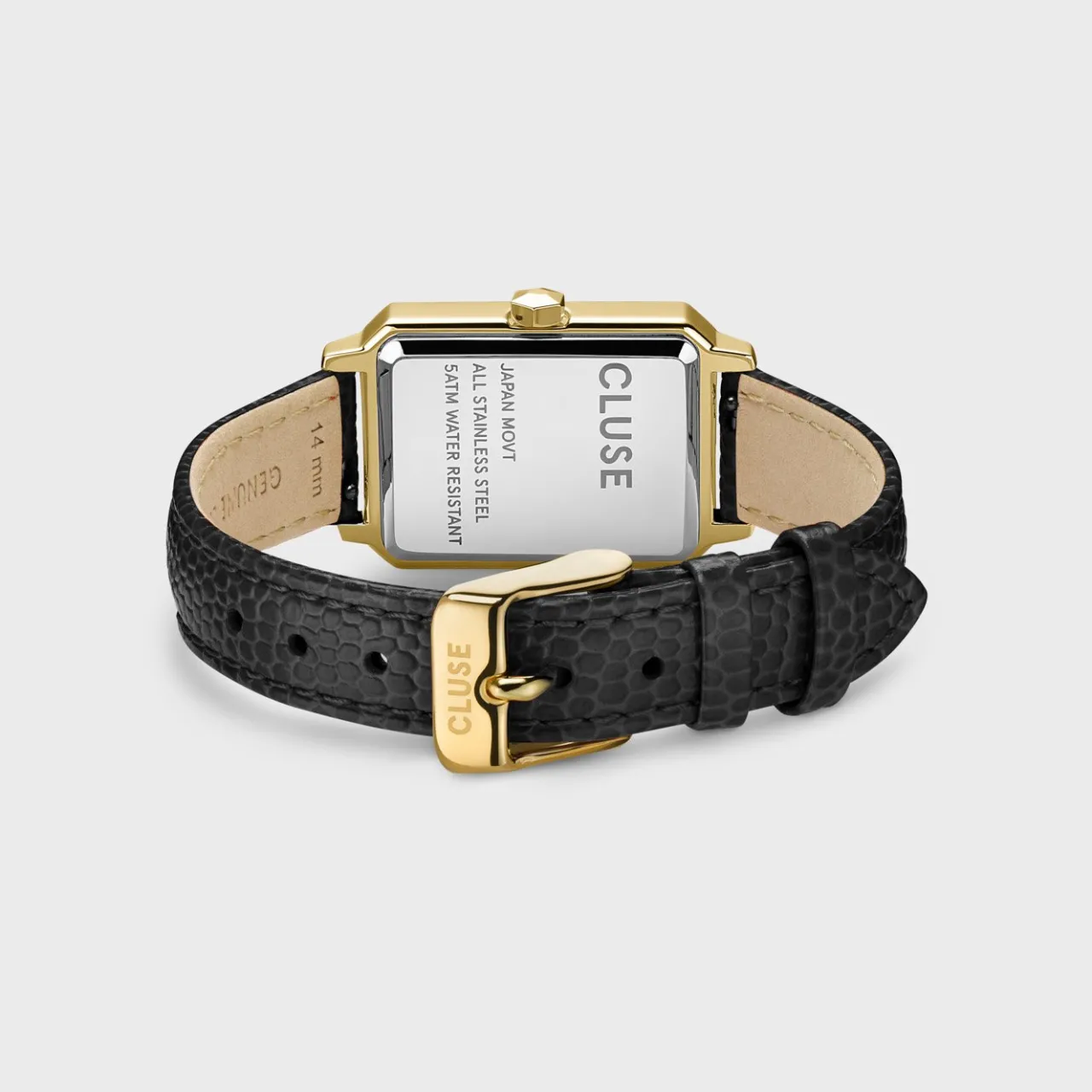 Femme CLUSE Gift Box Fluette Steel Watch and Black Leather Lizard Strap, Gold Colour