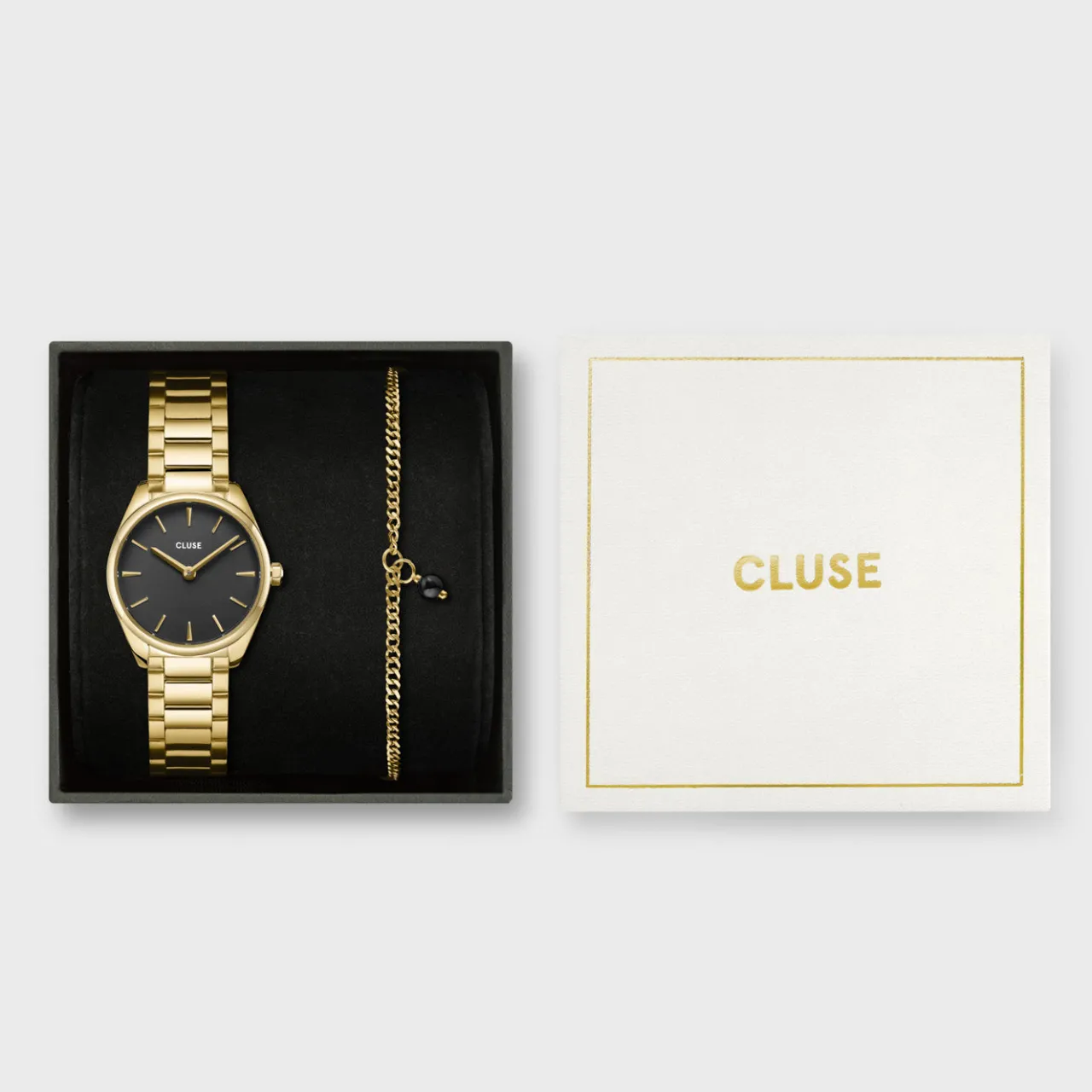 Femme CLUSE Gift Box Féroce Mini Watch Black & Chain Bracelet, Gold Colour
