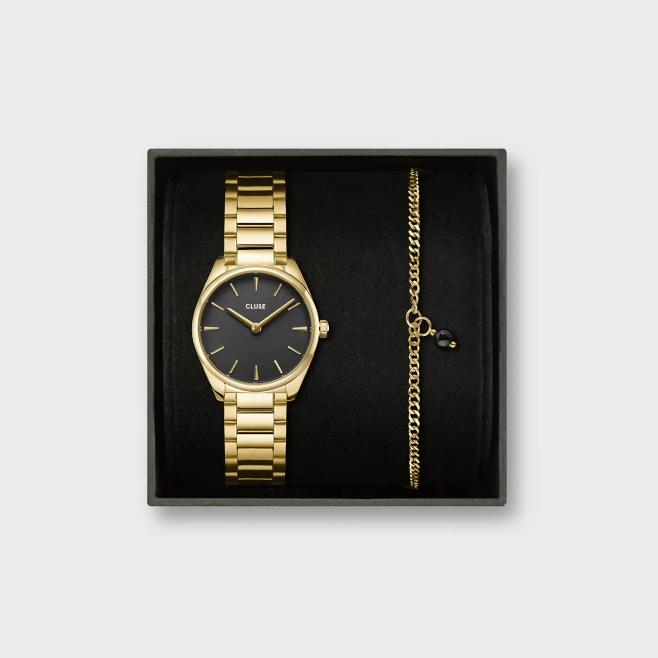 Femme CLUSE Gift Box Féroce Mini Watch Black & Chain Bracelet, Gold Colour