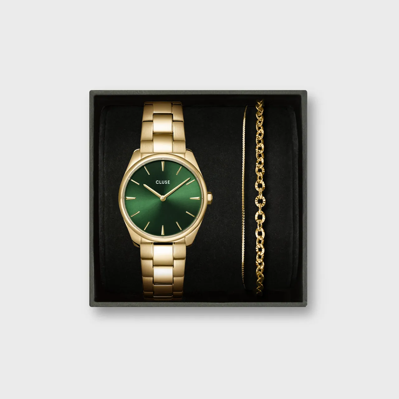 Femme CLUSE Gift Box Féroce Petite Steel Watch and Double Chain Bracelet, Gold Colour