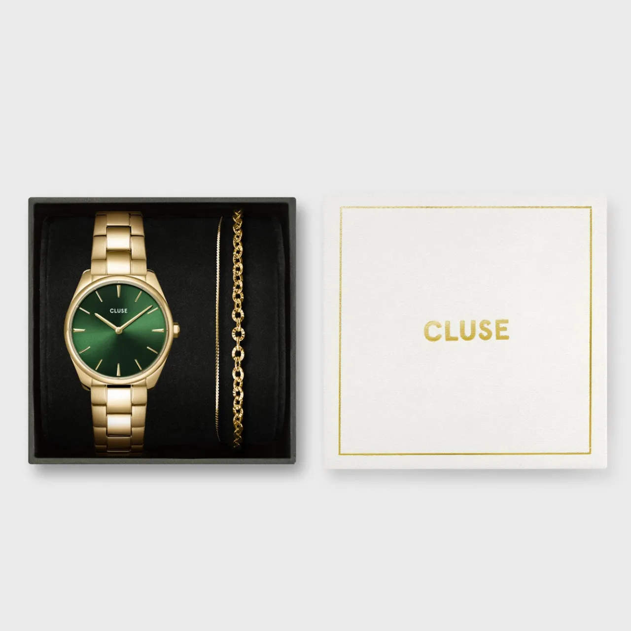 Femme CLUSE Gift Box Féroce Petite Steel Watch and Double Chain Bracelet, Gold Colour