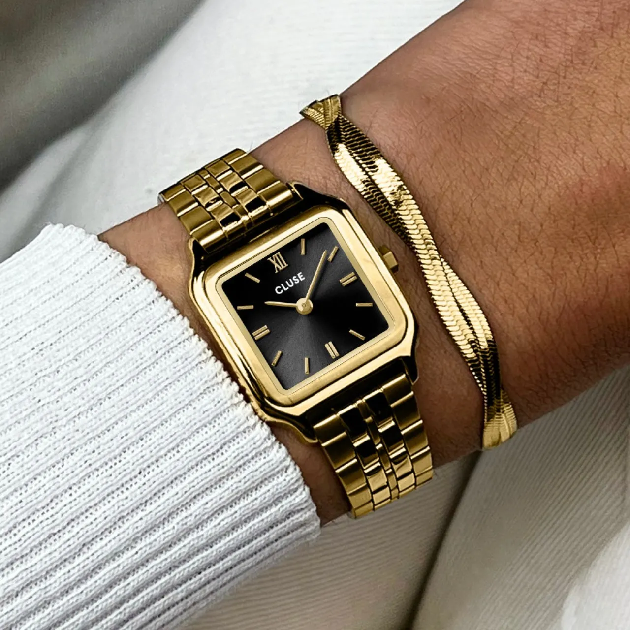 Femme CLUSE Gift Box Gracieuse Petite Watch Steel, Black & Twisted Snake Bracelet, Gold Colour