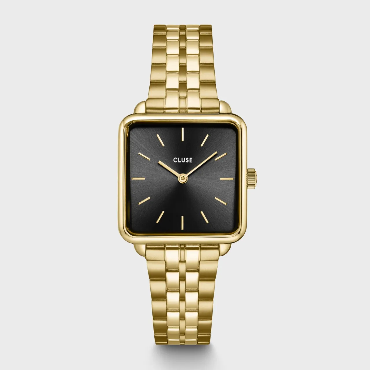Femme CLUSE Gift Box La Tétragone Black Steel Watch & Paperclip Chain Bracelet, Gold Colour