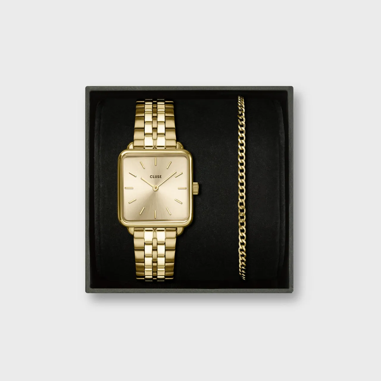 Femme CLUSE Gift Box La Tétragone Full Gold Steel Watch & Curb Chain Bracelet, Gold Colour