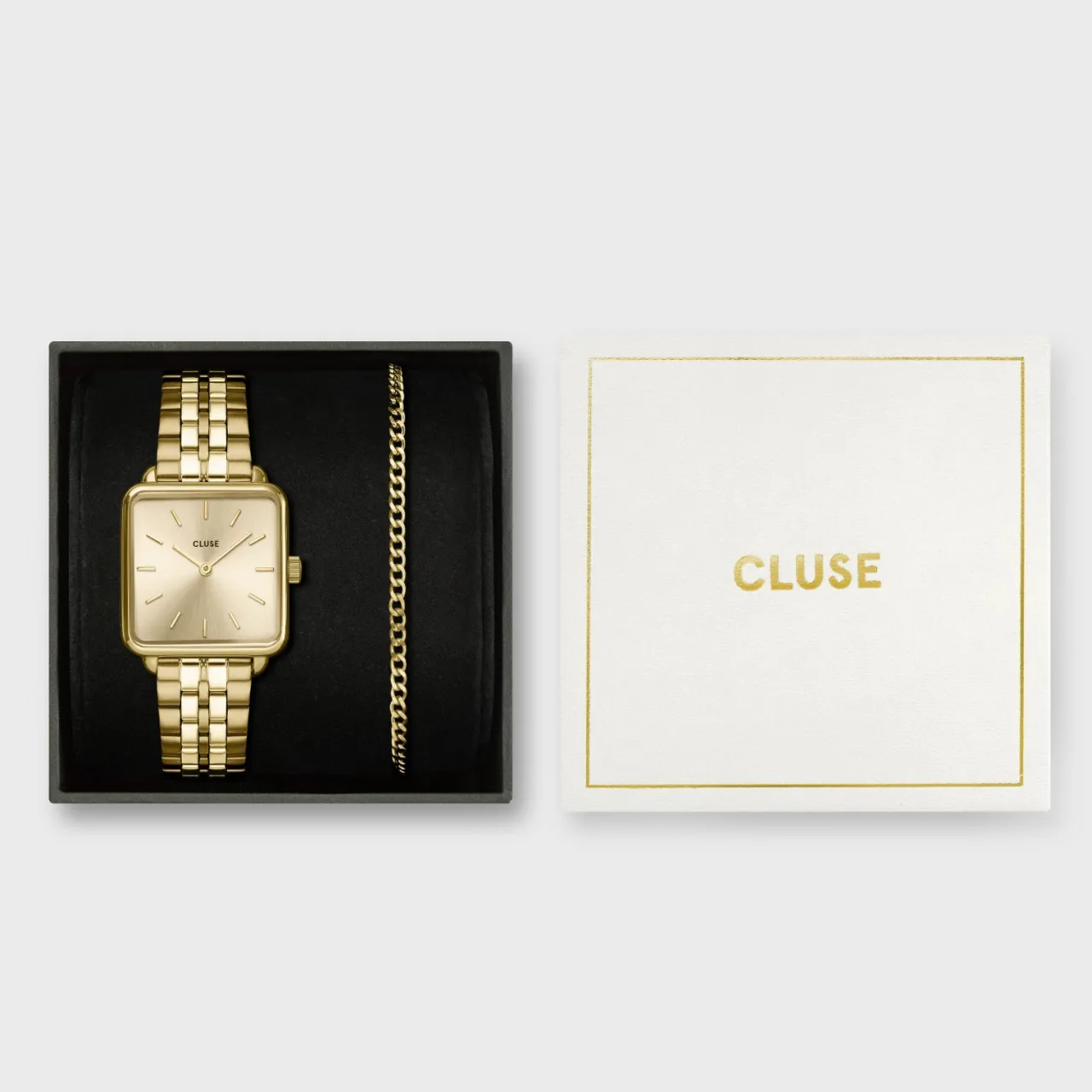Femme CLUSE Gift Box La Tétragone Full Gold Steel Watch & Curb Chain Bracelet, Gold Colour