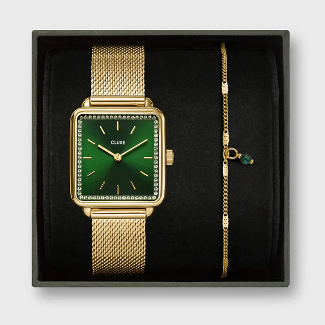 Femme CLUSE Gift Box La Tétragone Mesh and Malachite Bracelet Gold Colour