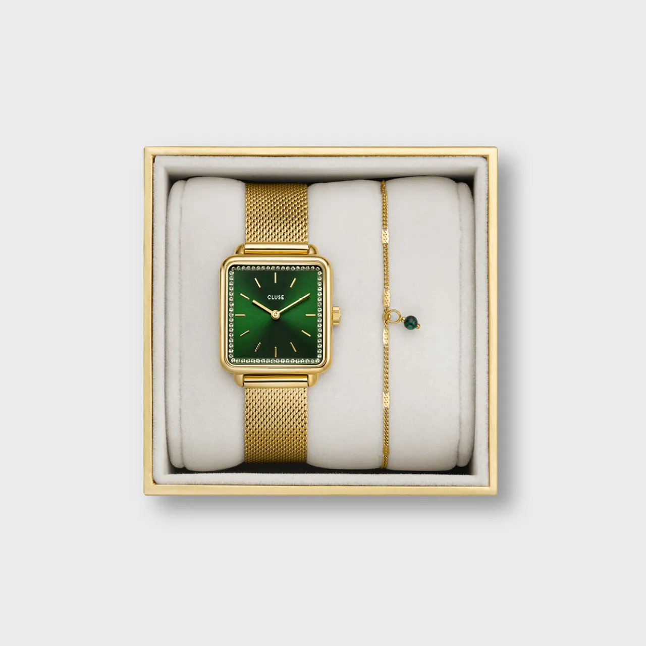 Femme CLUSE Gift Box La Tétragone Mesh and Malachite Bracelet Gold Colour