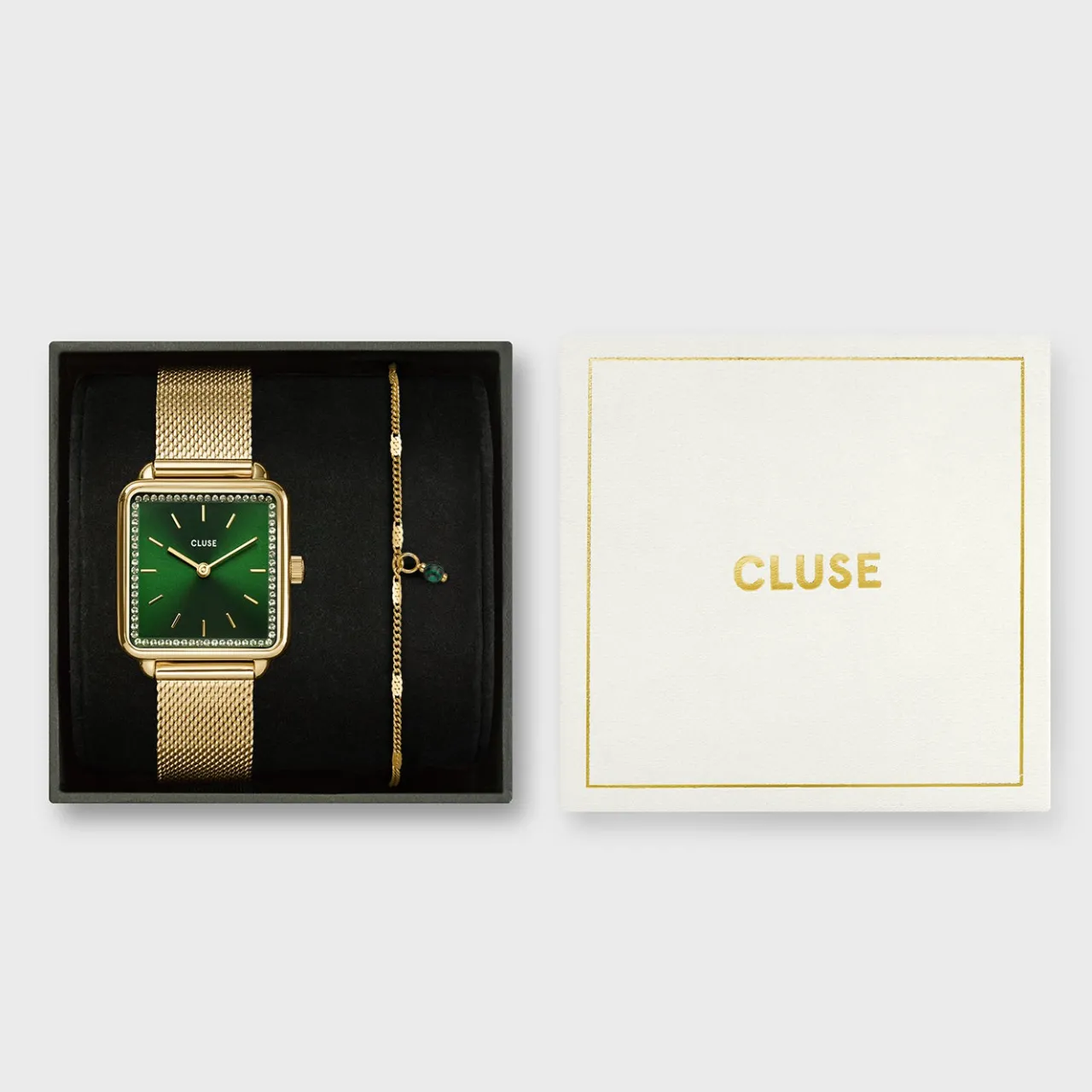 Femme CLUSE Gift Box La Tétragone Mesh and Malachite Bracelet Gold Colour