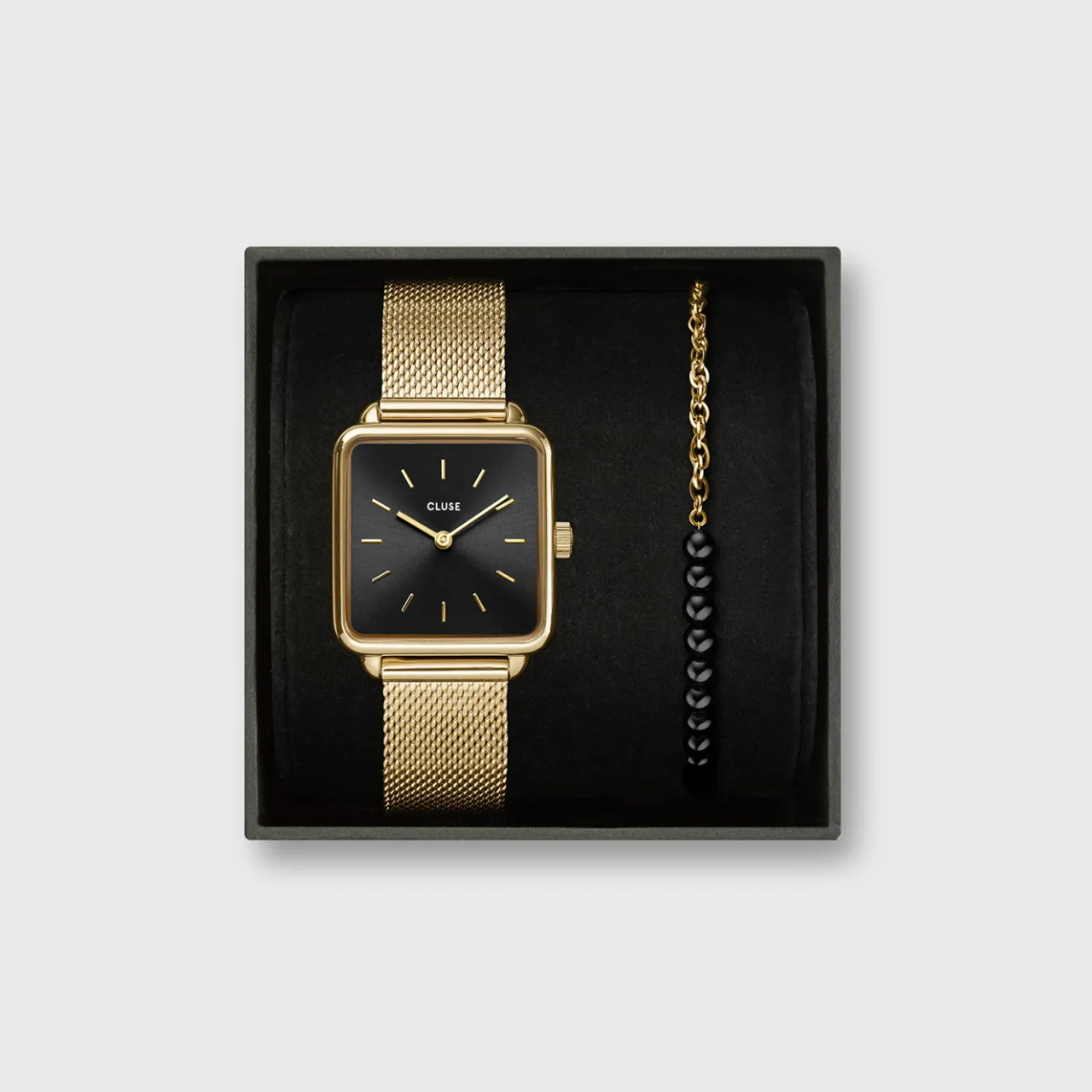 Femme CLUSE Gift Box La Tétragone Mesh Watch & Beads Bracelet, Gold Colour