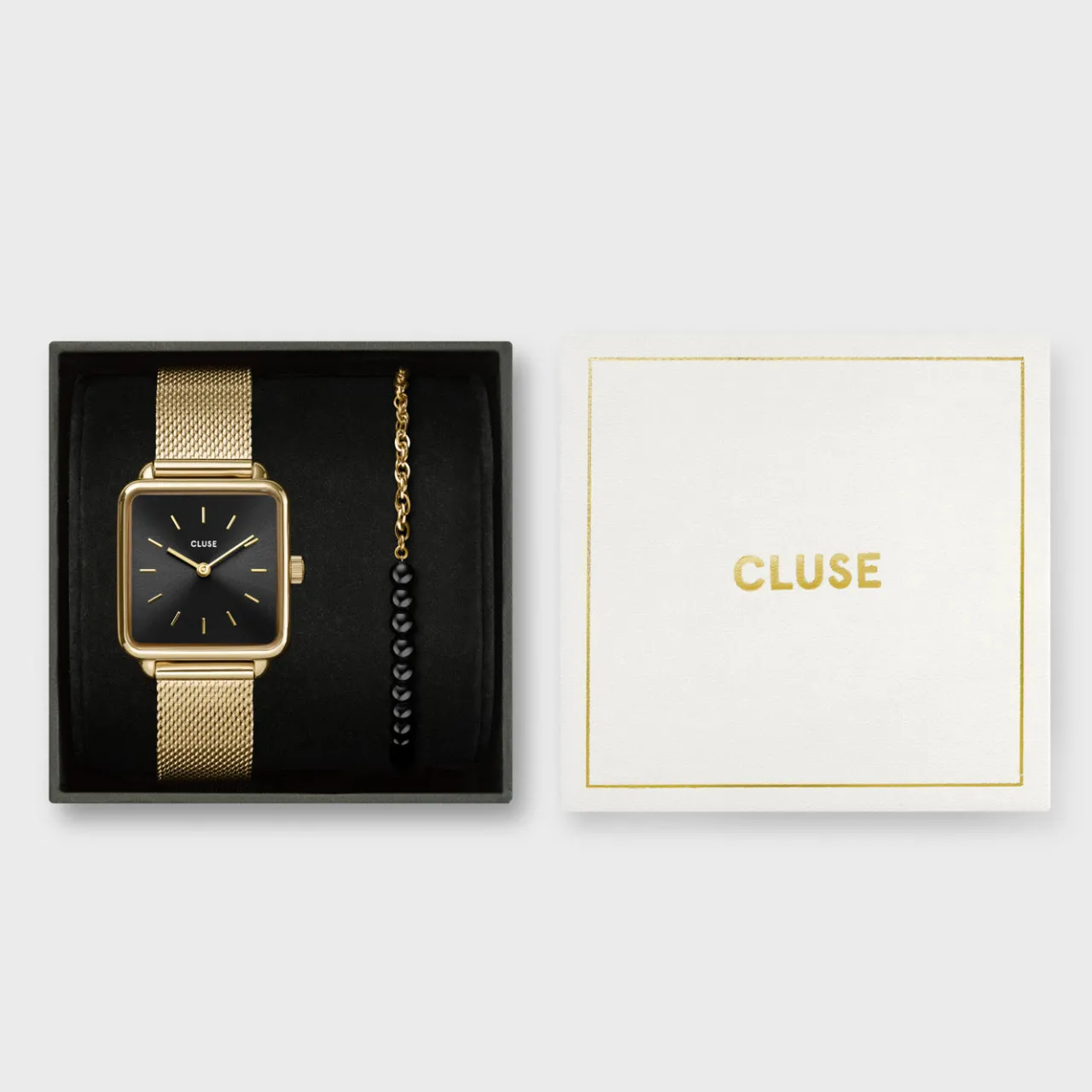 Femme CLUSE Gift Box La Tétragone Mesh Watch & Beads Bracelet, Gold Colour