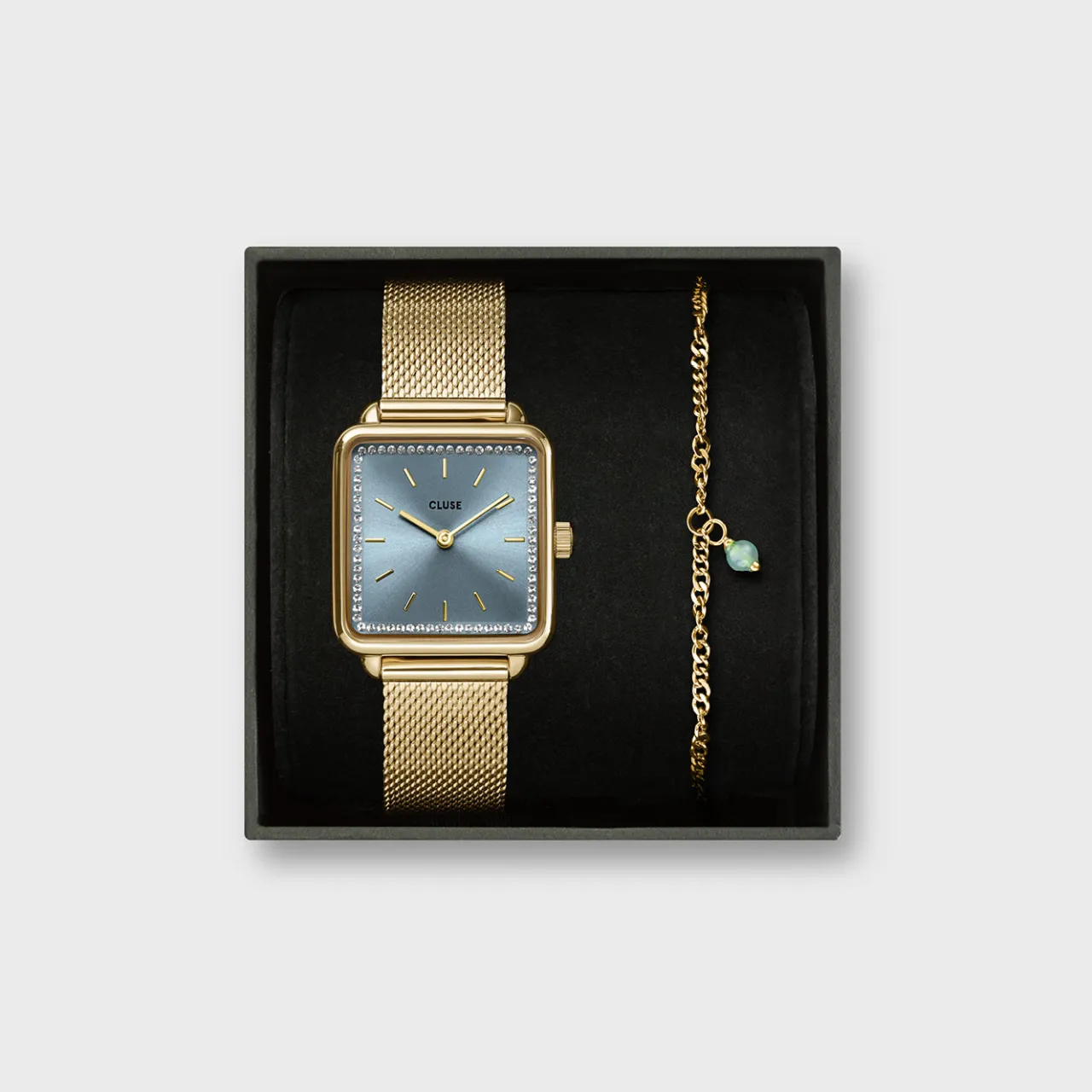 Femme CLUSE Gift Box La Tétragone Mesh Watch & Chain Bracelet, Gold Colour