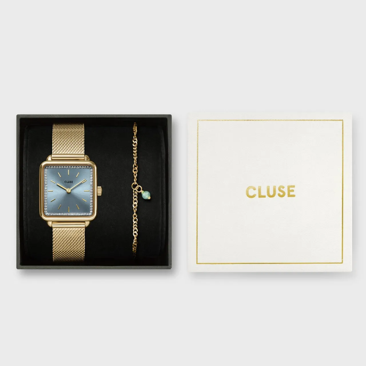 Femme CLUSE Gift Box La Tétragone Mesh Watch & Chain Bracelet, Gold Colour