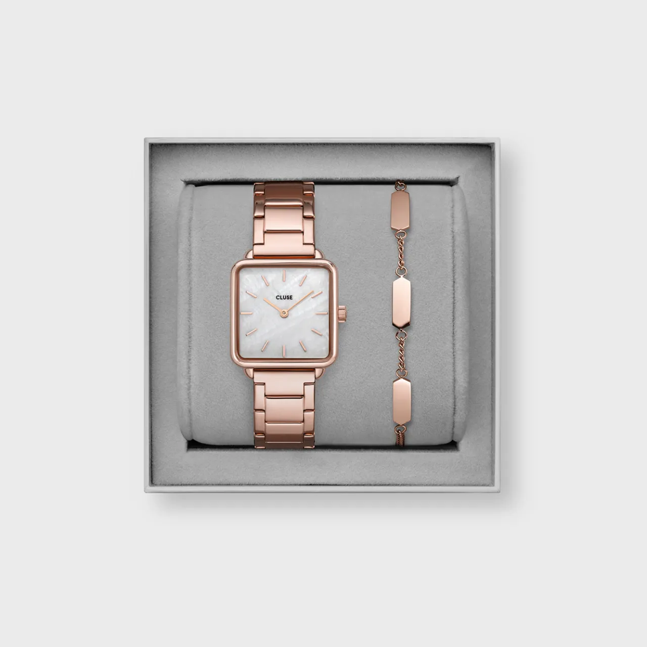Femme CLUSE Gift Box La Tétragone Watch and Bracelet Rose Gold Colour