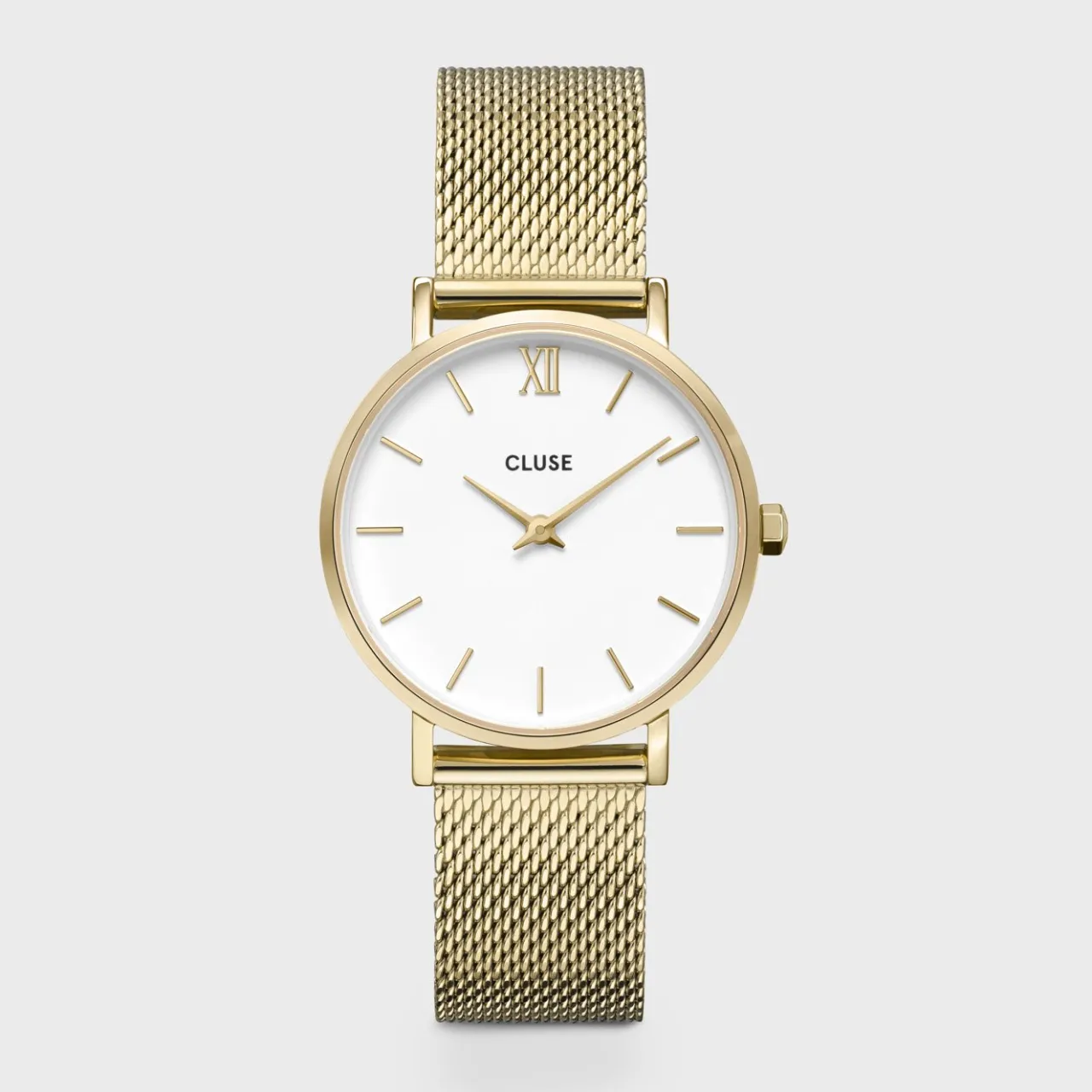Femme CLUSE Gift Box Minuit Watch Mesh & Grey Leather Strap, Gold Colour