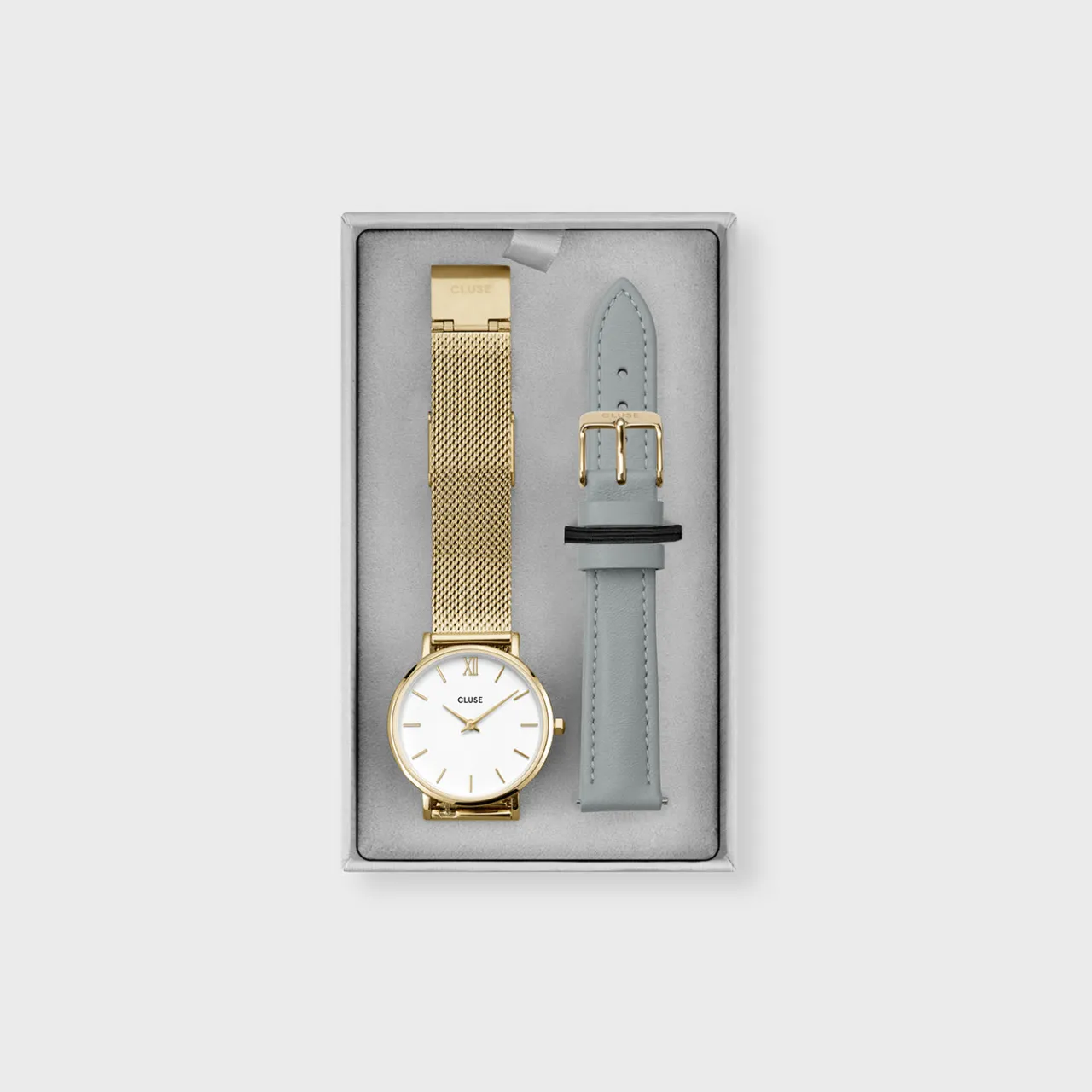 Femme CLUSE Gift Box Minuit Watch Mesh & Grey Leather Strap, Gold Colour