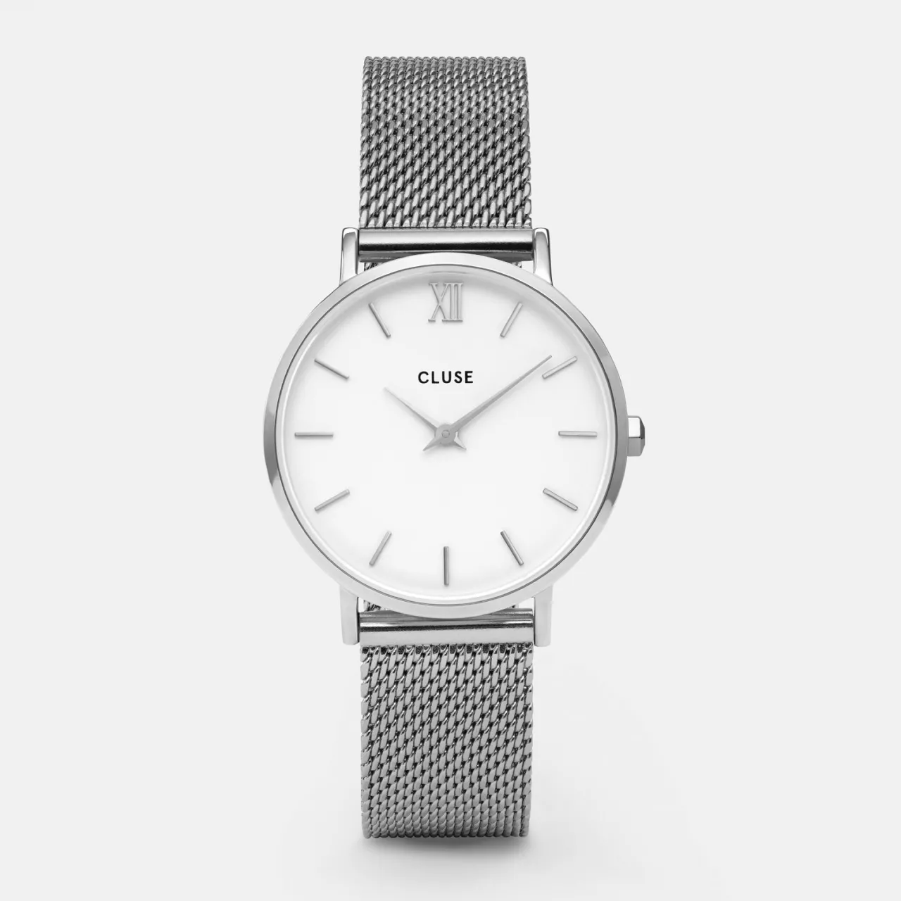 Femme CLUSE Gift Box Minuit Watch Mesh & Grey Leather Strap, Silver Colour