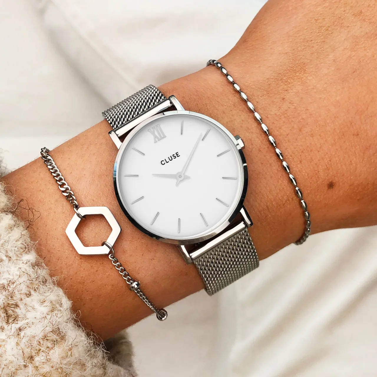 Femme CLUSE Gift Box Minuit Watch Mesh & Grey Leather Strap, Silver Colour