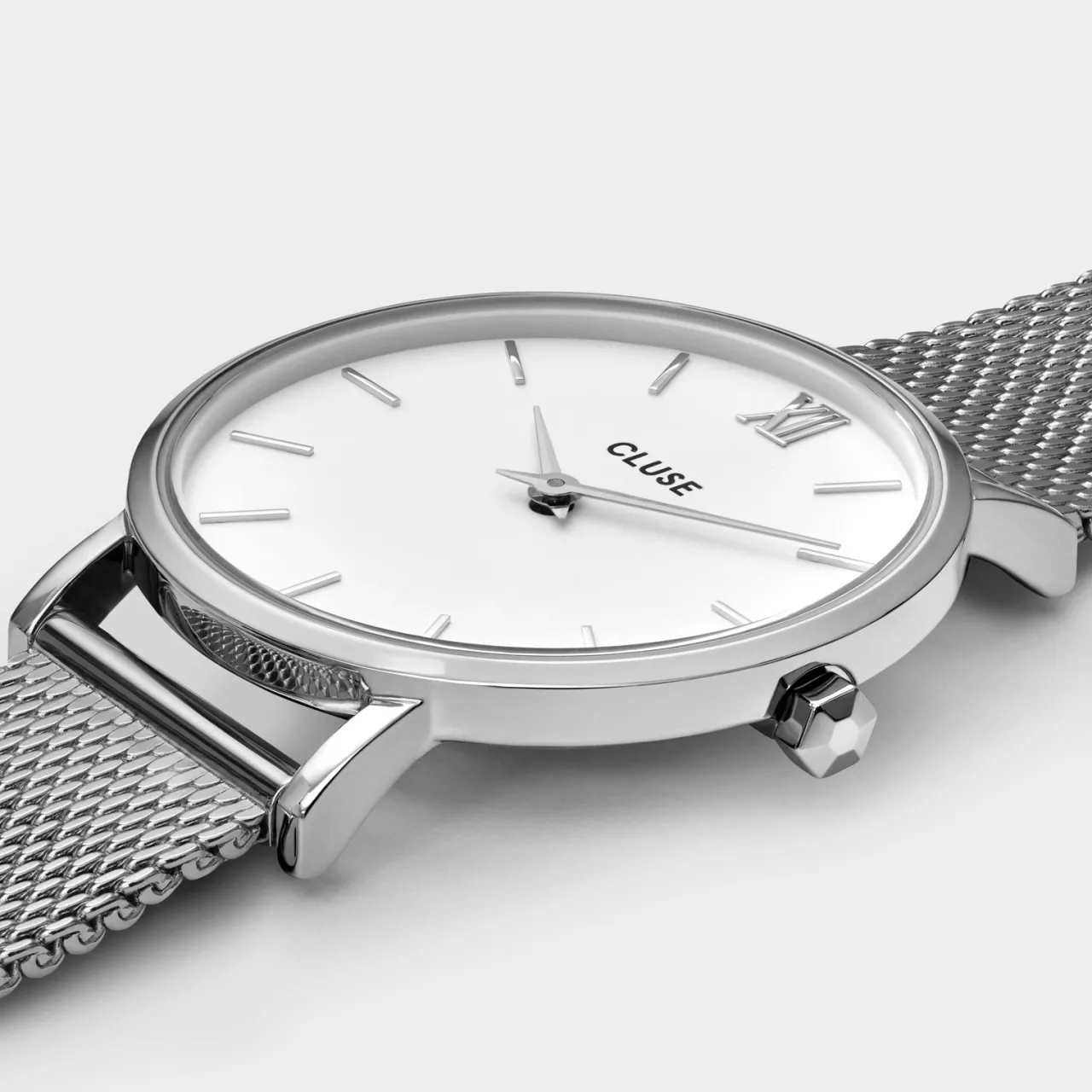 Femme CLUSE Gift Box Minuit Watch Mesh & Grey Leather Strap, Silver Colour