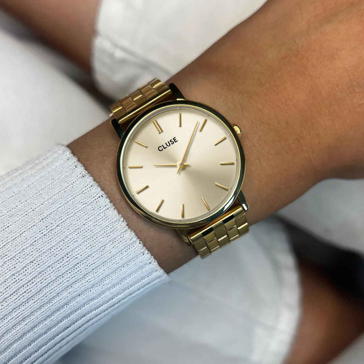 Femme CLUSE Gift Box Pavane Petite 2.0 Steel Watch Gold & Black Leather Strap, Gold Colour