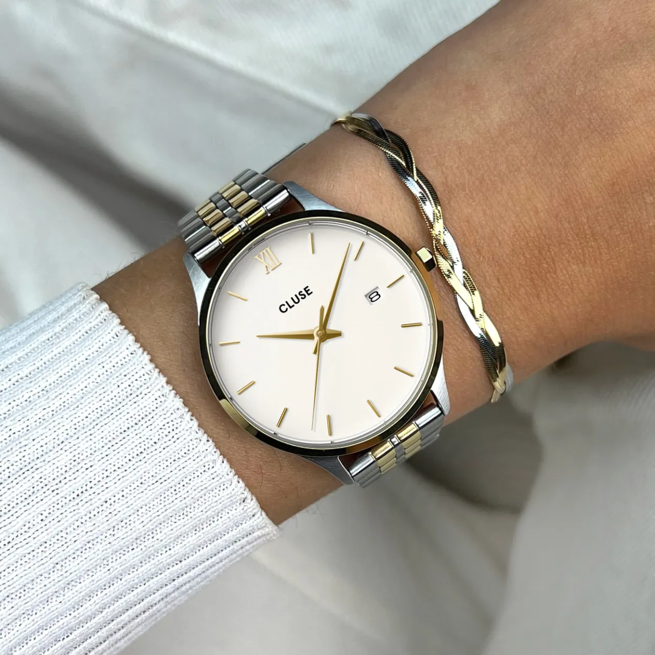Femme CLUSE Minuit Date Watch Steel, Coconut Milk, Bicolor